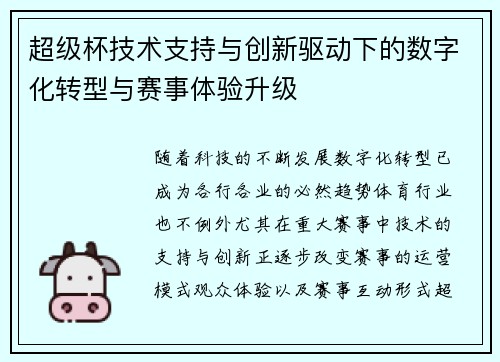 超级杯技术支持与创新驱动下的数字化转型与赛事体验升级