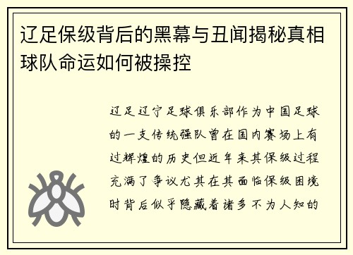 辽足保级背后的黑幕与丑闻揭秘真相球队命运如何被操控 辽足保级背后的黑幕与丑闻揭秘真相球队命运如何被操控