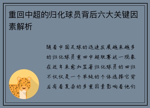 重回中超的归化球员背后六大关键因素解析