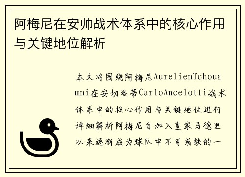 阿梅尼在安帅战术体系中的核心作用与关键地位解析