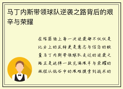 马丁内斯带领球队逆袭之路背后的艰辛与荣耀