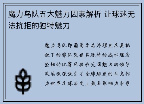 魔力鸟队五大魅力因素解析 让球迷无法抗拒的独特魅力 魔力鸟队五大魅力因素解析 让球迷无法抗拒的独特魅力